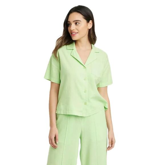 A New Day Women's Linen Short Sleeve Button Down Camp Shirt Green Size Large - Picture 1 of 6